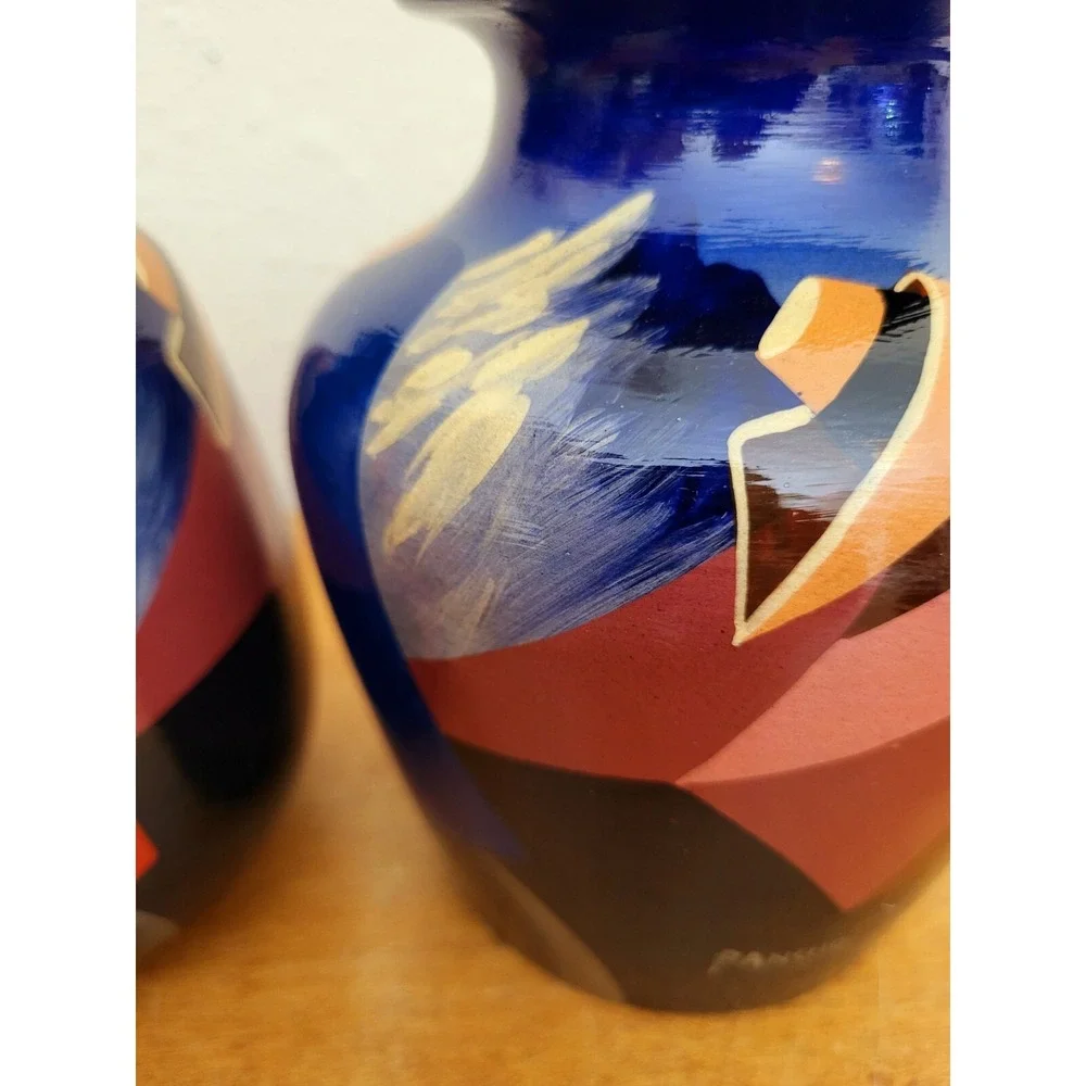 Pair of Collectible Peruvian Vase Handpainted Artist Signed Pancho Vases Jars 6